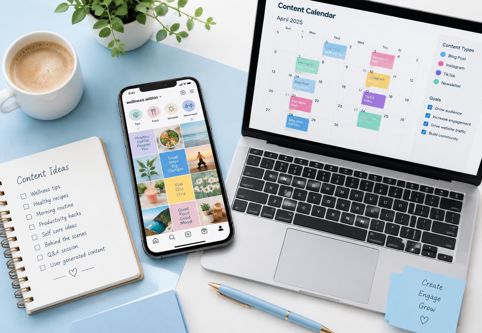 Telefoon met social media overzicht en laptop met contentplanning